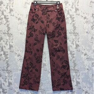ESCADA Burgundy Black Rose Print Wide‎ Leg Trousers Pants Women Size 26